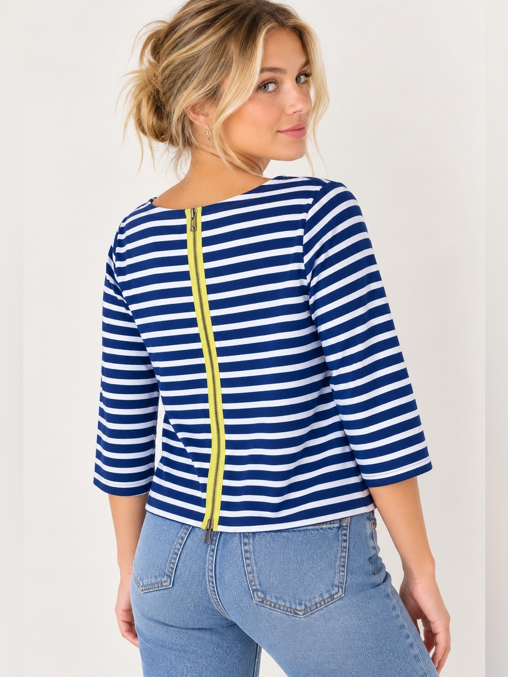 Anthropologie postcard 9-h15 striped 3/4 sleeve Top, Neon zipper back top xs-med